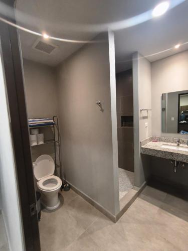 a bathroom with a toilet and a shower and a sink at Buyan Departamentos in Mérida