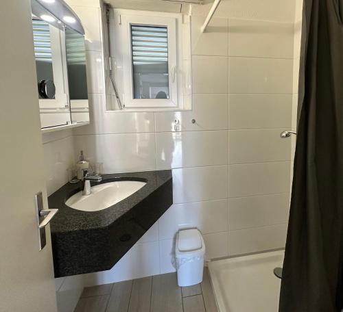 a bathroom with a sink and a toilet and a mirror at Ferienwohnung C15 in Orselina