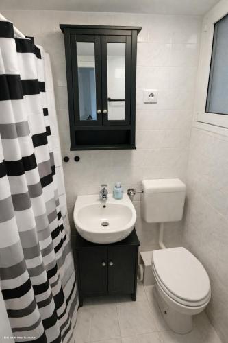 a bathroom with a sink and a toilet and a shower curtain at Huus-Weitblick an der Weser in Polle
