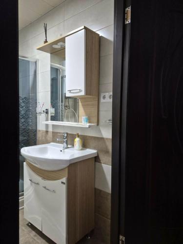 a bathroom with a sink and a mirror at TOWERS Apartament in Batumi