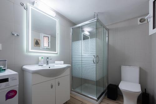 a bathroom with a shower and a sink and a toilet at Αυλή στην Μαρίνα in Kalamata