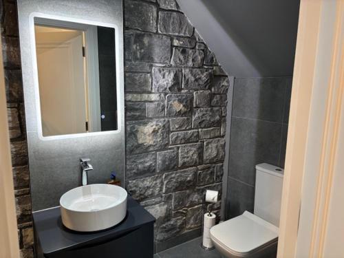 a bathroom with a sink and a stone wall at Birchall Lodge in Galway
