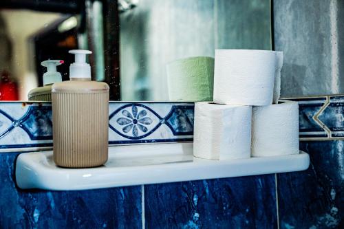 a shelf with toilet paper and a bottle of soap at Dinosaur Anza Surf House in Agadir