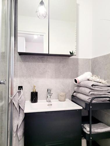 a bathroom with a sink and a towel rack at Przystanek Sudety in Wałbrzych