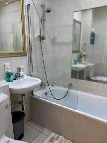 a bathroom with a shower and a sink and a tub at Beachside Bliss Gordons Bay in Gordonʼs Bay