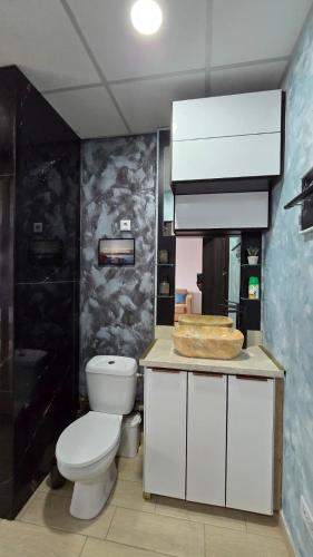 a bathroom with a toilet and a sink at Totall Panoramic Studio in Moreni