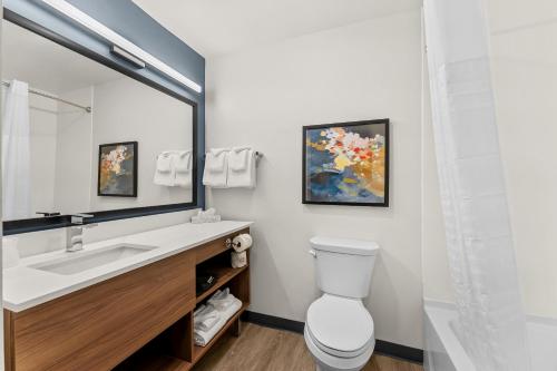 a bathroom with a sink and a toilet and a mirror at Everhome Suites Somerset - South Brunswick by Choice Hotels in Somerset