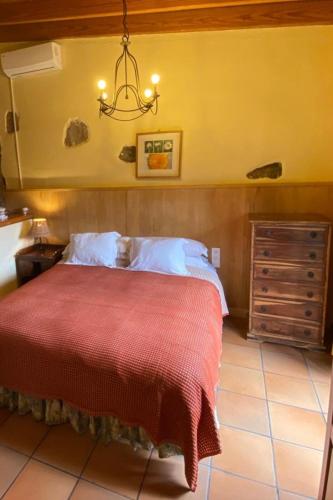 a bedroom with a bed and a chandelier at Finca El Lance Zumacal in Firgas