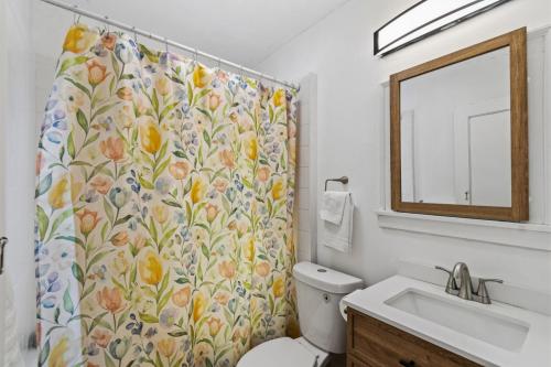 a bathroom with a shower curtain with a toilet and a sink at College Area 3BR in Grand Rapids