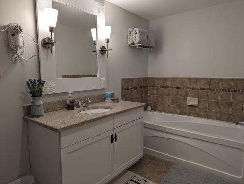 a bathroom with a sink and a tub and a toilet and a mirror at Premium New 1bd Sunset balcony 3rd flr in Vernon Township