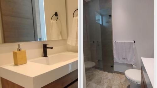 two images of a bathroom with a sink and a shower at Apartamento en el Rodadero, a pocos metros de la playa in Gaira