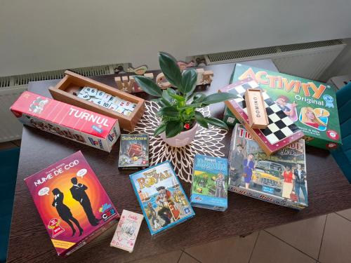 a table topped with books and a potted plant at Little Bear Busteni 3 - Închiriere integrală, cameră de jocuri, parcare privată, potrivită și pentru munca la distanță in Buşteni