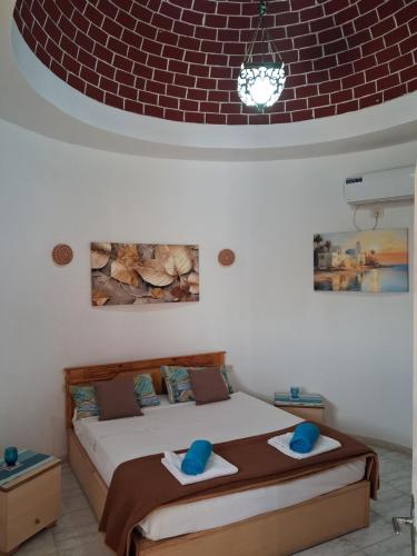 a bedroom with a bed with blue pillows on it at Maison Amina Villa Novel in Triffa