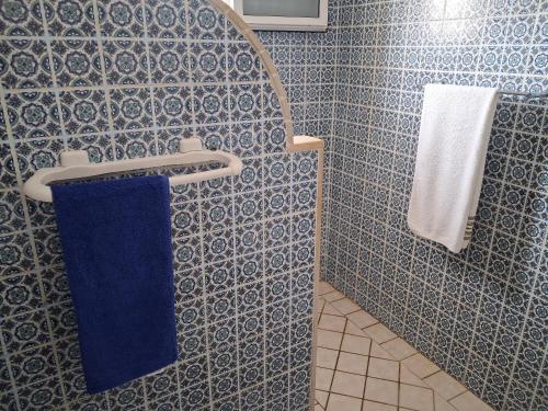 a bathroom with a blue and white tiled wall at Maison Amina Villa Novel in Triffa