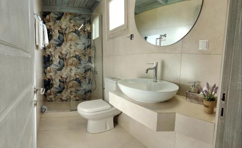a bathroom with a sink and a toilet and a mirror at Muses Villas in Finikounta