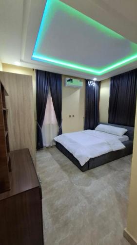 a bedroom with a large bed with a green light at Cherished Homes in Ikeja