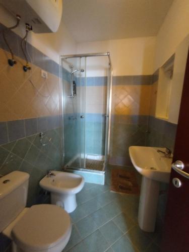 a bathroom with a toilet and a shower and a sink at Ca Gabbiano 6 in Santa Maria