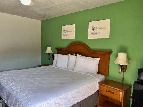 a bedroom with a large bed with green walls at Hwy 59 Motel Laredo Medical Center in Laredo
