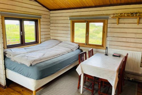 a small bedroom with a bed and a table at Vestra-Fíflholt cabin 1 in Hvolsvöllur