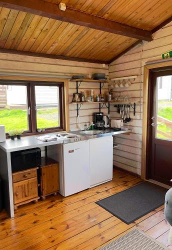 a kitchen with a stove and a sink in a room at Vestra-Fíflholt cabin 1 in Hvolsvöllur