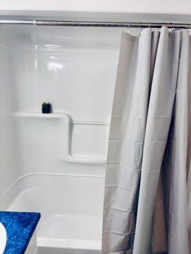 a bathroom with a shower curtain and a tub at Just Peace Homes in Moncton