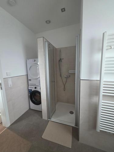 a bathroom with a shower and a washing machine at SchwalbenNest Pfeifers OdenwaldNest in Rimbach