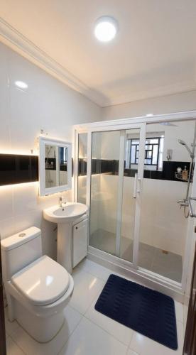 a bathroom with a toilet and a shower and a sink at Duswin Hotel Gloucester, Freetown, SL in Freetown
