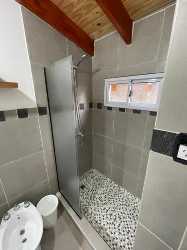 a bathroom with a shower with a toilet and a sink at Cabaña Lazarillo in Amaicha del Valle