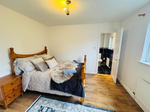 a bedroom with a bed with a rug on the floor at The King's Imperial Suite in Drogheda