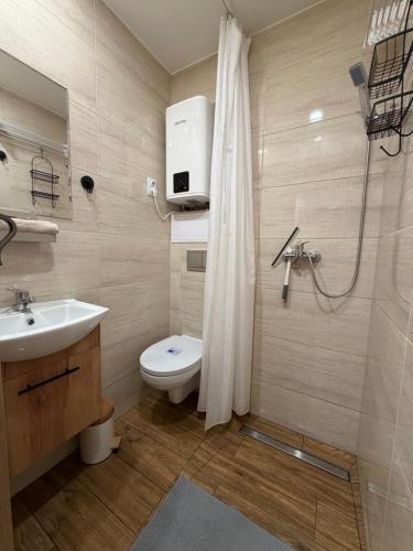 a bathroom with a toilet and a sink and a shower at ApartmentsByMatyrafa-XV in Tarnowskie Góry