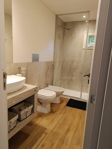 a bathroom with a toilet and a sink and a shower at Kattyjaus in San Carlos de Bariloche