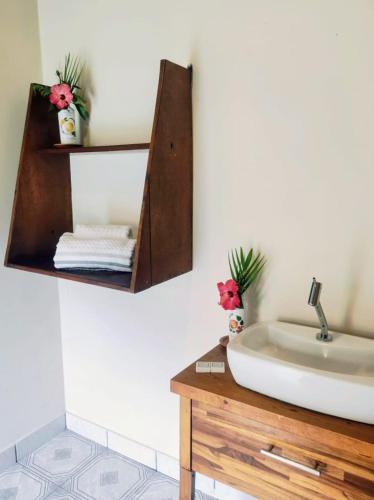 a bathroom with a sink and a mirror at Pousada Lua Cheia in Ilha do Mel