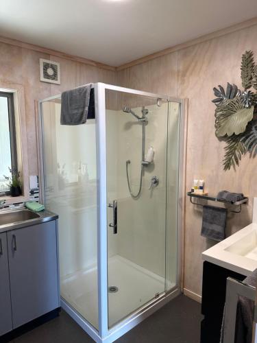 a shower stall in a bathroom with a sink at Te Mata Bay Seaviews in Tapu
