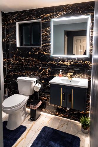 a bathroom with a toilet and a sink and a mirror at Hillside Haven in Kingston