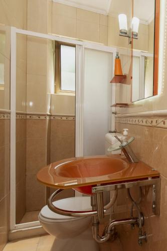 a bathroom with a wooden sink and a toilet at Villa Paradiso in Donji Morinj
