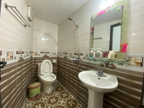 a bathroom with a toilet and a sink and a mirror at Cat Ba Rustic Homestay in Cat Ba