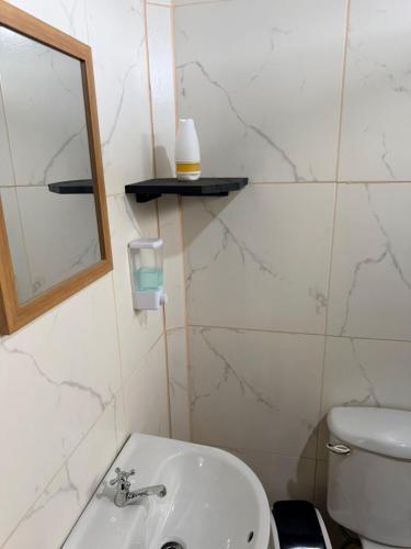 a bathroom with a sink and a toilet and a mirror at Ticary Nature Homes in Guápiles