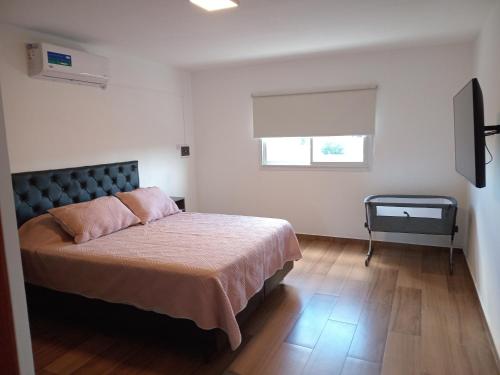 a bedroom with a bed with pink pillows and a window at Renzo 1 in Deán Funes