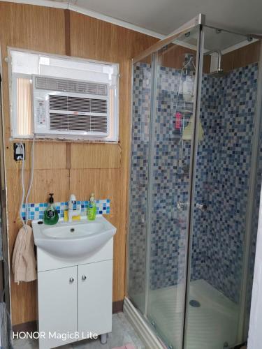 a bathroom with a shower and a sink and a window at Quinta Aroma Zempoala in Zempoala