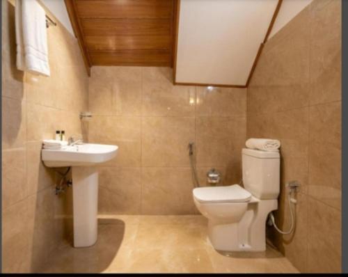 a bathroom with a toilet and a sink at Ohiya Our Time Kabana in Ohiya