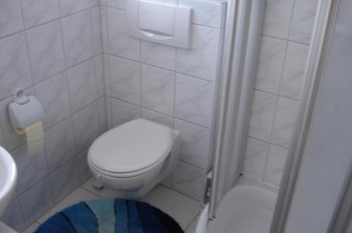 ein kleines Bad mit einem WC und einer Dusche in der Unterkunft Apartment Neuendorf - Hiddensee 1 in Neuendorf
