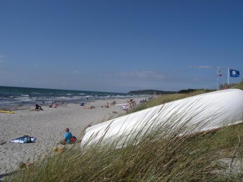 eine Gruppe von Menschen an einem Strand in der Nähe des Ozeans in der Unterkunft Apartment Neuendorf - Hiddensee 1 in Neuendorf