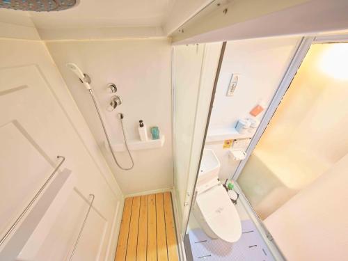 a small bathroom with a toilet and a shower at 伊豆Cocoグランピングリゾート in Ito