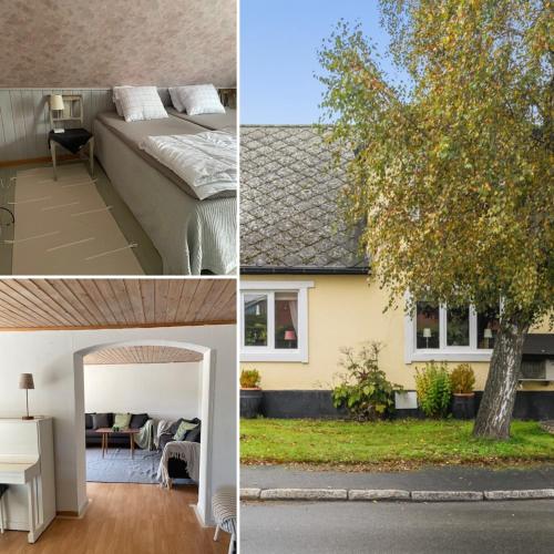 a collage of pictures of a house with a bed and a tree at Österlen - Gathus in Onslunda in Onslunda