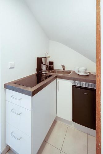 a kitchen with a sink and a counter top at Tiny Ferienwohnung am Stadtpark in Schwäbisch Hall