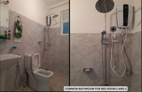 two pictures of a bathroom with a shower and a toilet at Hillside Home in Kundasale