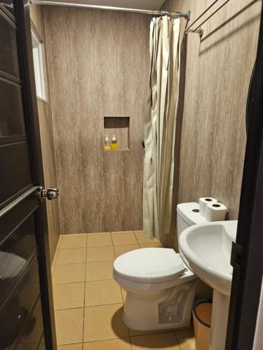 a bathroom with a toilet and a sink at Punta Private Beach Resort in San Teodoro