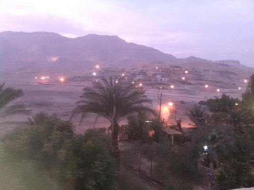 a view of a city at night with a palm tree at Pharaohs Hotel in Luxor