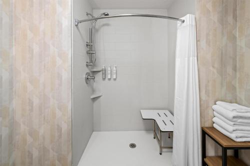 ein Badezimmer mit Dusche und Duschvorhang in der Unterkunft Hampton Inn Harrison in Harrison