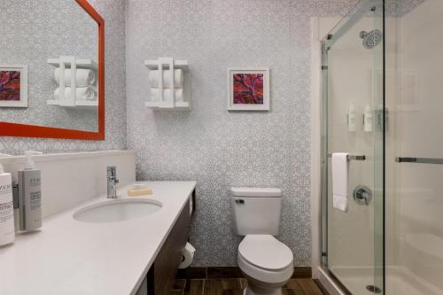 a bathroom with a toilet and a sink and a shower at Hampton Inn Eden in Eden